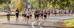 Wide photo pf runners on the tree lined course
